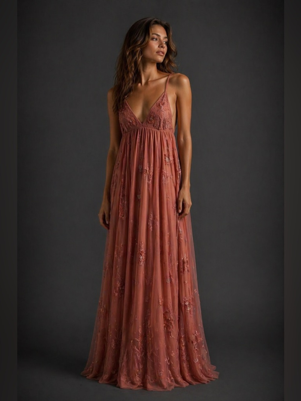 BHLDN Dusty Rose Embroidered Spaghetti-Strap Maxi Dress